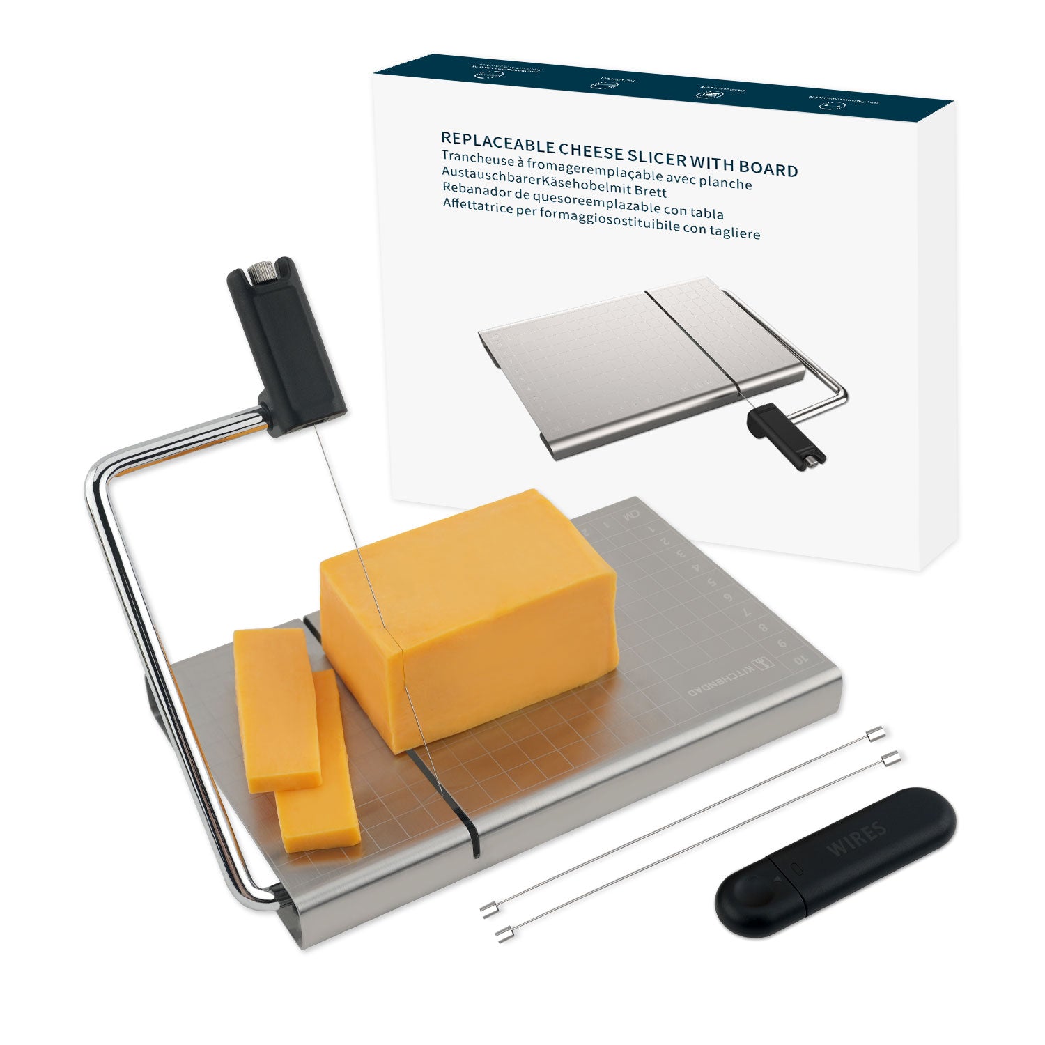 KITCHENDAO Replaceable Wire Cheese Slicer with Board and Measuring