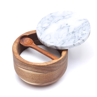 Buy grey 10 oz Acacia Wood Salt Box With Built-in Spoon And Marble Lid