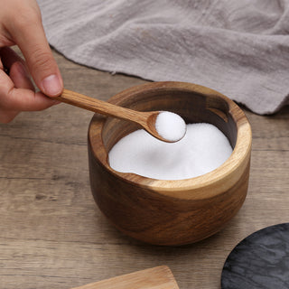 10 oz Acacia Wood Salt Box with Built-in Spoon and Marble Lid Black