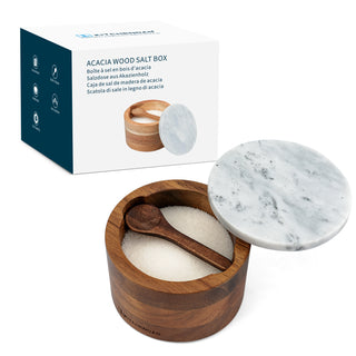 KITCHENDAO Acacia Salt Cellar Box Bowl with Built-in Spoon and Marble Lid, Solid Natural Acacia Wood Bath Sea Salt Container, Elegant Modern Grey and White Marble Lid Spice Bowl, 6oz Capacity