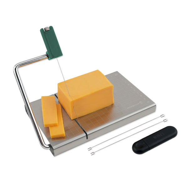 KITCHENDAO Replaceable Wire Cheese Slicer with Board and Measuring Grids,Tightness Adjustable Cheese Slicer, Stainless Steel Metal Cheese Cutter for Block Cheese, Dishwasher Safe, with 2 Extra Wires