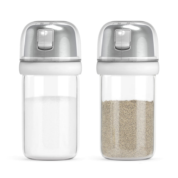 KTCHENDAO 2 in 1 Glass Salt and Pepper Shaker with Side Pour Spout, Built-in Lid to Slow Down Dampness with Measuring Marks, Elegant Borosilicate Glass Salt Dispenser for Kitchen, BPA Free,4oz (White)