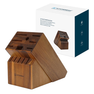 KITCHENDAO 14 Slot Acacia Wood Knife Block without Knives, Universal Knife Holder for Kitchen, Holding Multiple Types of Knives, Countertop Butcher Block Knife Stand for Easy Kitchen Storage
