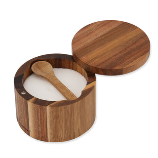 KITCHENDAO Acacia Wood Salt Cellar Bowl Box with Built-in Spoon to avoid Dust, Elegant Kitchen Salt Container Holder with Swivel Magnetic Lid to Storage Pepper Spice Bath Salt Sea Salt, 6OZ
