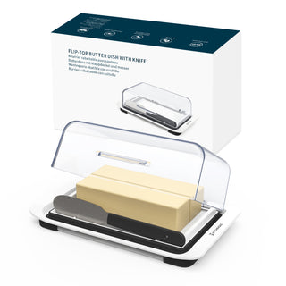 KITCHENDAO Airtight Flip-Top Butter Dish with Lid and Knife Spreader for Countertop and Refrigerator, Butter Keeper, Plastic Butter Holder Tray for 2 Sticks East Coast/ West Coast/ Kerrygold Butter