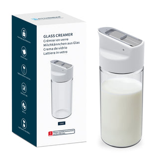 KITCHENDAO Glass Creamer with Fresh-Keeping Lock Mechanism, Drip-free Spout, 12 oz Milk Pitcher with Lid, Borosilicate Glass Creamer Container, Dishwasher Safe