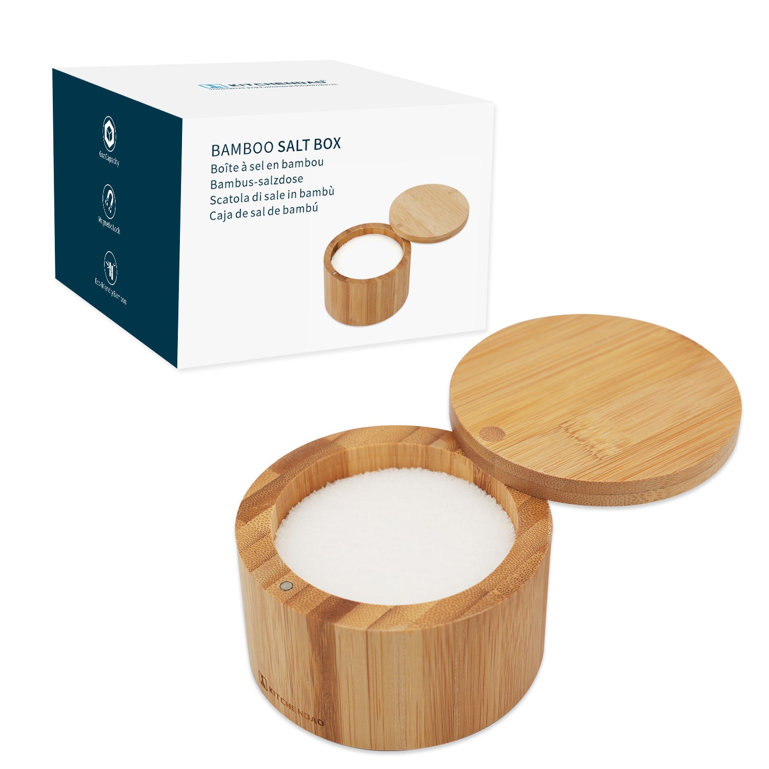 KITCHENDAO Bamboo Salt Cellar Bowl Box，Elegant Kitchen Salt Container ...