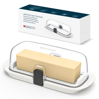 KITCHENDAO Airtight Butter Dish with Lid for Countertop and Refrigerator Door Shelf, Butter Holder with One Press to Open/Close Secure Latching Buckle, Butter Keeper for West/East Coast Butter (White)