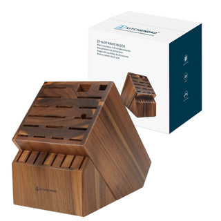 KITCHENDAO 25 Slot Acacia Wood Knife Block without Knives, Large Universal Knife Holder for Kitchen, Holding Multiple Types of Knives, Countertop Butcher Block Knife Stand for Easy Kitchen Storage