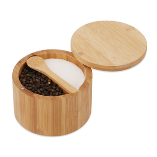 KITCHENDAO Bamboo Salt and Pepper Bowl Box Cellar, Built-in Spoon, Two Compartments Spice Seasoning Container,Sea Salt Cellar Holder,Magnetic Swivel Lid,Dual 5oz Capacity