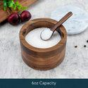 KITCHENDAO Acacia Salt Cellar Box Bowl with Built-in Spoon and Marble Lid, Solid Natural Acacia Wood Bath Sea Salt Container, Elegant Modern Grey and White Marble Lid Spice Bowl, 6oz Capacity