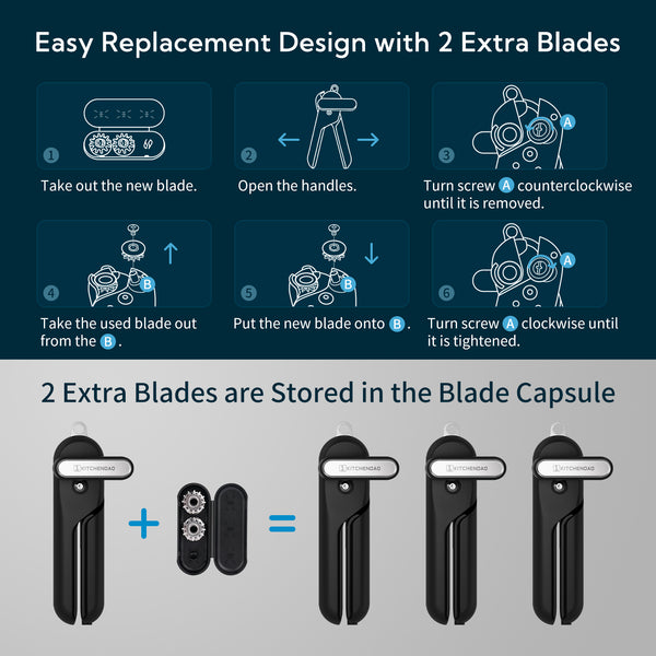 KITCHENDAO Replaceable Can Opener with 2 Extra Blades, Handheld Smooth Edge Cut Tin Opener, Super Sharp Manual Can Opener with Magnet, Large Turning Knob for Seniors & Arthritis, Black