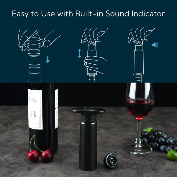 KITCHENDAO Wine Saver Pump with Sound Indicator，4 Vacuum Wine Stoppers and Storage Box, Reusable Wine Stoppers Preserver to Keep Wine Fresh, Ideal Wine Accessories Gift for Wine Lover