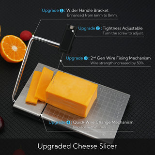 KITCHENDAO Replaceable Wire Cheese Slicer with Board and Measuring Grids,Tightness Adjustable Cheese Slicer, Stainless Steel Metal Cheese Cutter for Block Cheese, Dishwasher Safe, with 2 Extra Wires