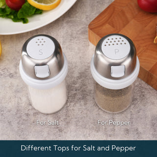 KTCHENDAO 2 in 1 Glass Salt and Pepper Shaker with Side Pour Spout, Built-in Lid to Slow Down Dampness with Measuring Marks, Elegant Borosilicate Glass Salt Dispenser for Kitchen, BPA Free,4oz (White)