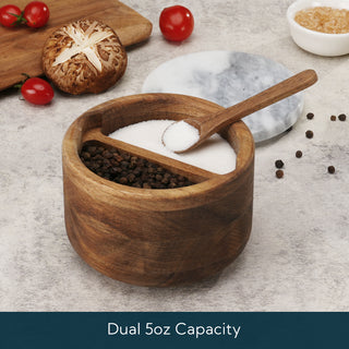 Acacia Wood Salt and Pepper Box Bowl Cellar with Grey Marble Lid and Built-in Spoon,Large Salt Cellar Container Storage Spice Herb Sea Bath Salt,Dual 5Oz Capacity
