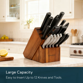 KITCHENDAO 14 Slot Acacia Wood Knife Block without Knives, Universal Knife Holder for Kitchen, Holding Multiple Types of Knives, Countertop Butcher Block Knife Stand for Easy Kitchen Storage