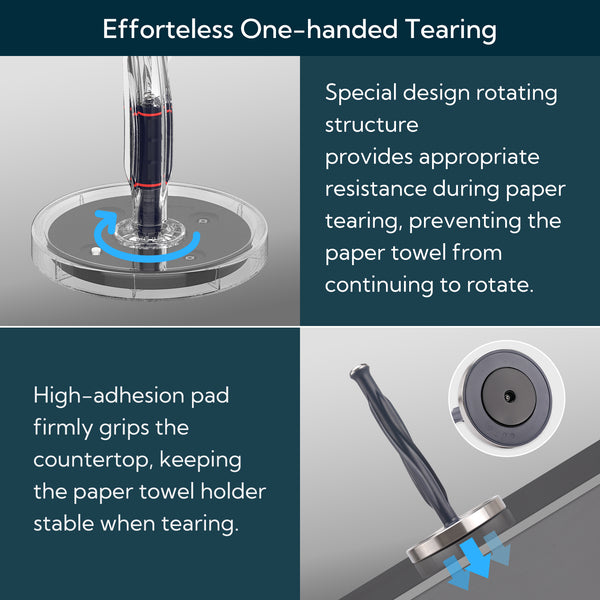 KITCHENDAO One-Handed Tear Paper Towel Holder Countertop,Rotation Freestanding Kitchen Paper Holder Stand, Stainless Steel Paper Roll Holder with Weighted Base High-Adhesion Pad Sticker