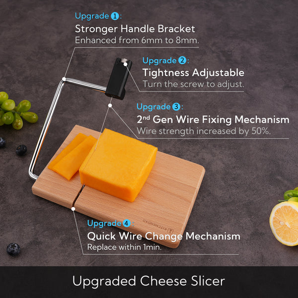 KITCHENDAO Replaceable Wire Cheese Slicer with Board,Tightness Adjustable Cheese Slicer,Beech Wood Cheese Cutter for Block Cheese,Easy to Replace,with 2 Extra Upgrade Strong Wires