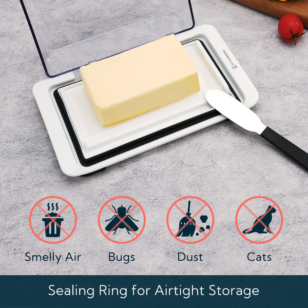 KITCHENDAO Airtight Flip-Top Butter Dish with Lid and Knife Spreader for Countertop and Refrigerator, Butter Keeper, Plastic Butter Holder Tray for 2 Sticks East Coast/ West Coast/ Kerrygold Butter