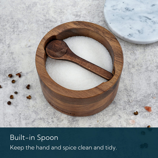 KITCHENDAO Acacia Salt Cellar Box Bowl with Built-in Spoon and Marble Lid, Solid Natural Acacia Wood Bath Sea Salt Container, Elegant Modern Grey and White Marble Lid Spice Bowl, 6oz Capacity