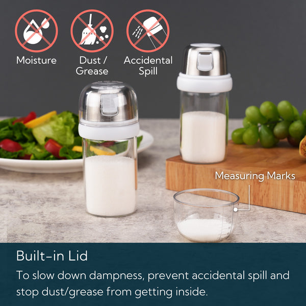 KTCHENDAO 2 in 1 Glass Salt Shaker with Side Pour Spout, Built-in Lid to Slow Down Dampness with Mearsuring Marks, Elegant Borosilicate Glass Salt Dispenser for Kitchen,BPA Free,4oz (White)