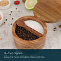 KITCHENDAO Acacia Wood Salt and Pepper Bowl Box,Built-in Spoon,Two Compartments Spice Seasoning Container,Sea Salt Cellar Holder,Built-in Spoon,Magnetic Swivel Lid,Dual 5oz Capacity