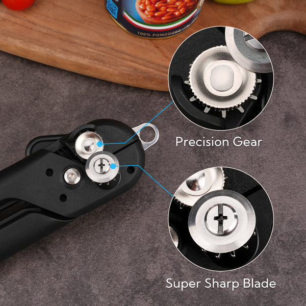 KITCHENDAO Replaceable Can Opener with 2 Extra Blades, Handheld Smooth Edge Cut Tin Opener, Super Sharp Manual Can Opener with Magnet, Large Turning Knob for Seniors & Arthritis, Black