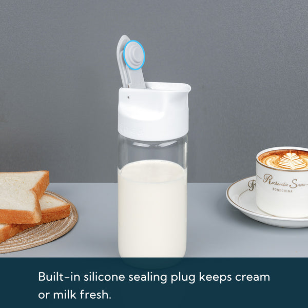 KITCHENDAO Glass Creamer with Fresh-Keeping Lock Mechanism, Drip-free Spout, 12 oz Milk Pitcher with Lid, Borosilicate Glass Creamer Container, Dishwasher Safe