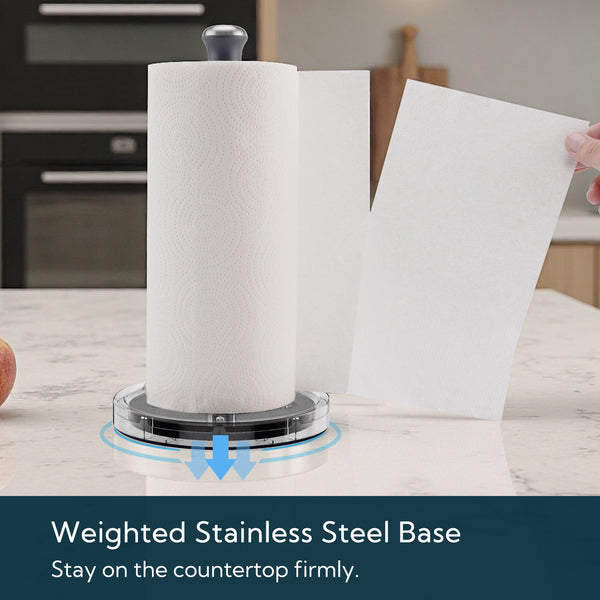KITCHENDAO One-Handed Tear Paper Towel Holder Countertop,Rotation Freestanding Kitchen Paper Holder Stand, Stainless Steel Paper Roll Holder with Weighted Base High-Adhesion Pad Sticker
