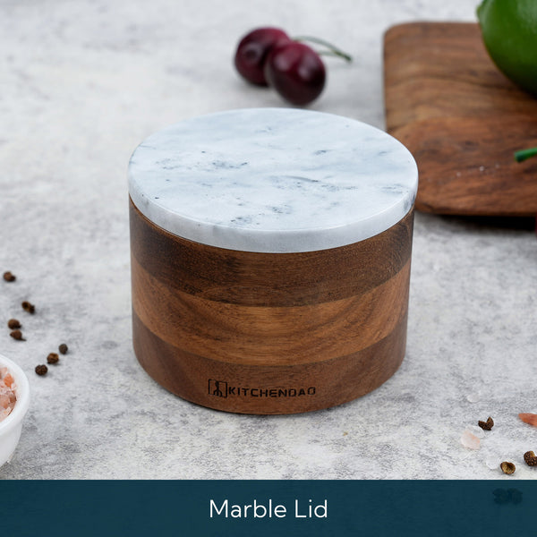 KITCHENDAO Acacia Salt Cellar Box Bowl with Built-in Spoon and Marble Lid, Solid Natural Acacia Wood Bath Sea Salt Container, Elegant Modern Grey and White Marble Lid Spice Bowl, 6oz Capacity
