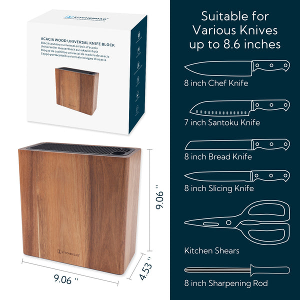 KITCHENDAO XL Acacia Wood Universal Knife Block Holder with Slots for Scissors and Sharpening Rod, Safe, Space Saver Knives Storage Stand Display without Knives, Unique Slot Design to Protect Blade