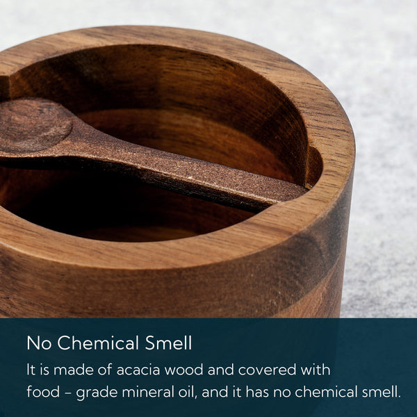 KITCHENDAO Acacia Salt Cellar Box Bowl with Built-in Spoon and Marble Lid, Solid Natural Acacia Wood Bath Sea Salt Container, Elegant Modern Grey and White Marble Lid Spice Bowl, 6oz Capacity