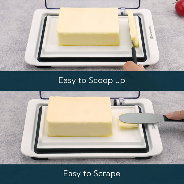 KITCHENDAO Airtight Flip-Top Butter Dish with Lid and Knife Spreader for Countertop and Refrigerator, Butter Keeper, Plastic Butter Holder Tray for 2 Sticks East Coast/ West Coast/ Kerrygold Butter