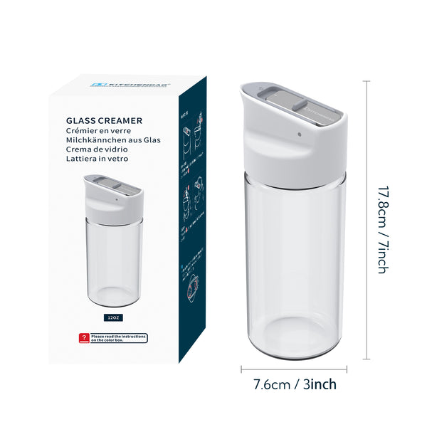 KITCHENDAO Glass Creamer with Fresh-Keeping Lock Mechanism, Drip-free Spout, 12 oz Milk Pitcher with Lid, Borosilicate Glass Creamer Container, Dishwasher Safe