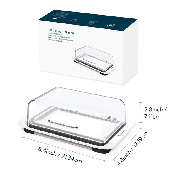 KITCHENDAO Airtight Flip-Top Butter Dish with Lid for Countertop and Refrigerator, Butter Keeper, Plastic Butter Holder Tray for 2 Sticks East Coast/West Coast/European Style/ Kerrygold Butter
