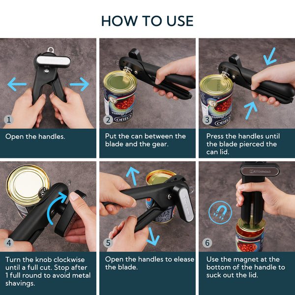KITCHENDAO Replaceable Can Opener with 2 Extra Blades, Handheld Smooth Edge Cut Tin Opener, Super Sharp Manual Can Opener with Magnet, Large Turning Knob for Seniors & Arthritis, Black