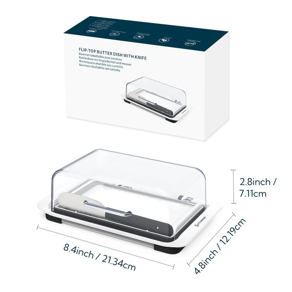 KITCHENDAO Airtight Flip-Top Butter Dish with Lid and Knife Spreader for Countertop and Refrigerator, Butter Keeper, Plastic Butter Holder Tray for 2 Sticks East Coast/ West Coast/ Kerrygold Butter
