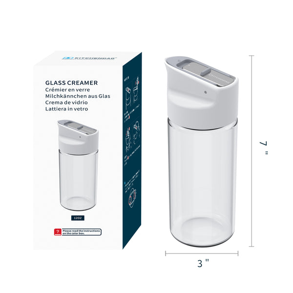 KITCHENDAO Glass Creamer with Fresh-Keeping Lock Mechanism, Drip-free Spout, 12 oz Milk Pitcher with Lid, Borosilicate Glass Creamer Container, Dishwasher Safe