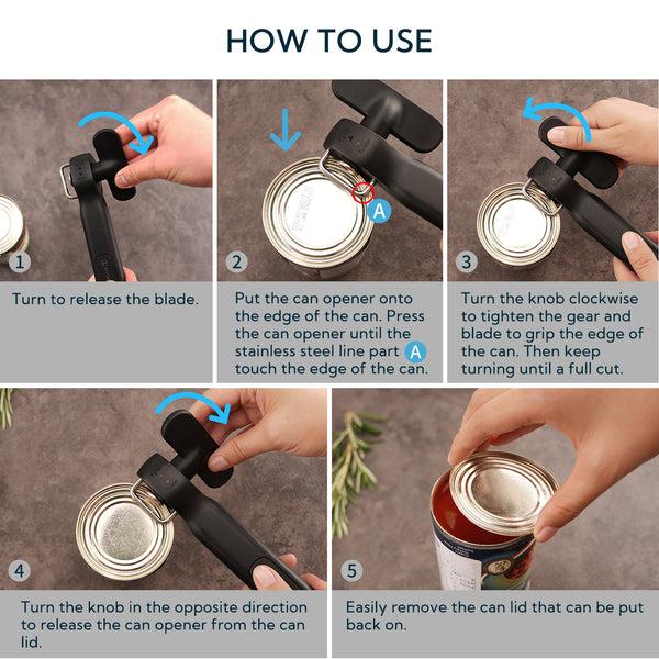 KITCHENDAO Replaceable Can Opener with 3 Extra Blades, Safe Cut Can Opener, Smooth Edge Manual Side Cut, No Sharp Edges Handheld Tin Opener With Super Sharp Replaceable Blade, Black