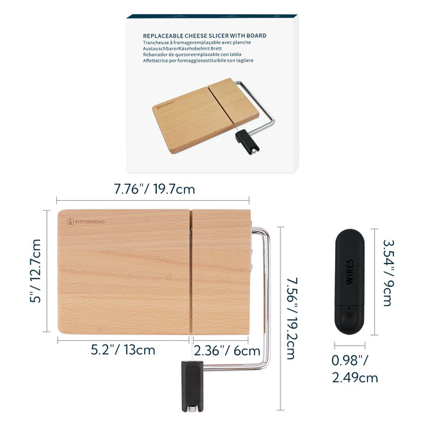 KITCHENDAO Replaceable Wire Cheese Slicer with Board,Tightness Adjustable Cheese Slicer,Beech Wood Cheese Cutter for Block Cheese,Easy to Replace,with 2 Extra Upgrade Strong Wires