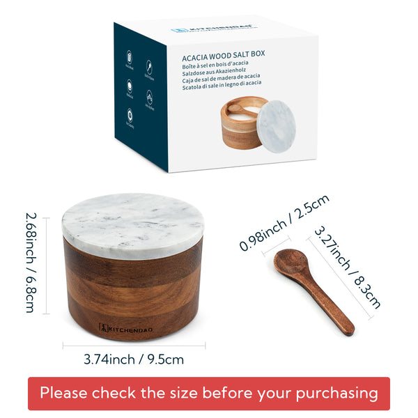 KITCHENDAO Acacia Salt Cellar Box Bowl with Built-in Spoon and Marble Lid, Solid Natural Acacia Wood Bath Sea Salt Container, Elegant Modern Grey and White Marble Lid Spice Bowl, 6oz Capacity