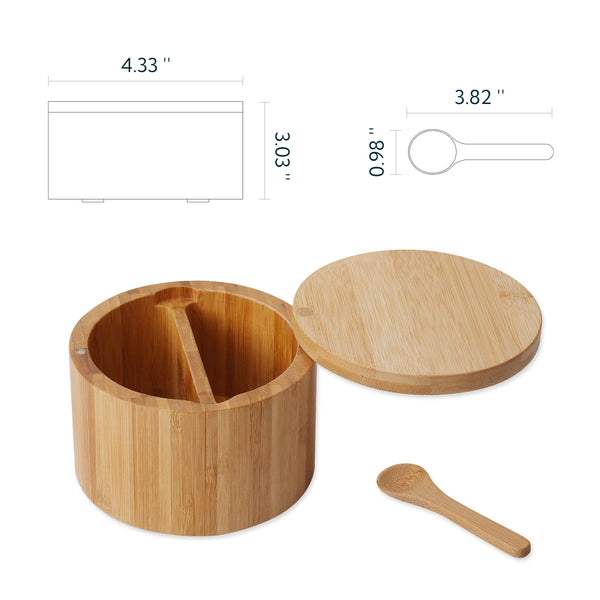 KITCHENDAO Bamboo Salt and Pepper Bowl Box Cellar, Built-in Spoon, Two Compartments Spice Seasoning Container,Sea Salt Cellar Holder,Magnetic Swivel Lid,Dual 5oz Capacity