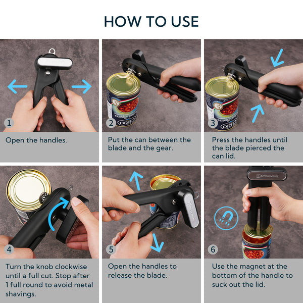 KITCHENDAO Replaceable Can Opener with 2 Extra Blades, Handheld Smooth Edge Cut Tin Opener, Super Sharp Manual Can Opener with Magnet, Large Turning Knob for Seniors & Arthritis, Black