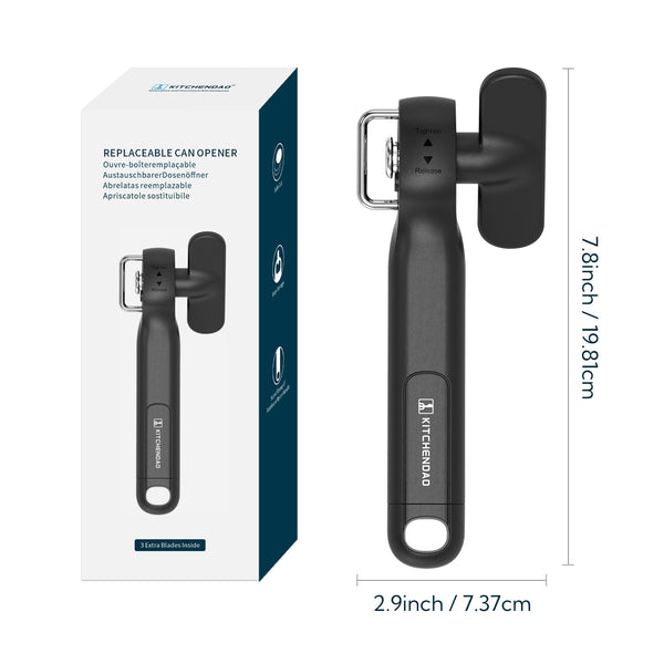 KITCHENDAO Replaceable Can Opener with 3 Extra Blades, Safe Cut Can Opener, Smooth Edge Manual Side Cut, No Sharp Edges Handheld Tin Opener With Super Sharp Replaceable Blade, Black