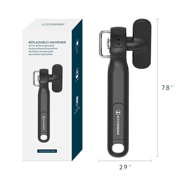 KITCHENDAO Replaceable Can Opener with 3 Extra Blades, Safe Cut Can Opener, Smooth Edge Manual Side Cut, No Sharp Edges Handheld Tin Opener With Super Sharp Replaceable Blade, Black