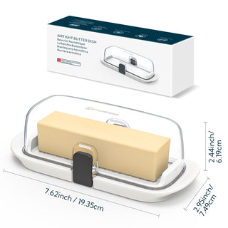 KITCHENDAO Airtight Butter Dish with Lid for Countertop and Refrigerator Door Shelf, Butter Holder with One Press to Open/Close Secure Latching Buckle, Butter Keeper for West/East Coast Butter (White)