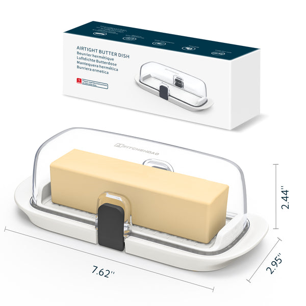 KITCHENDAO Airtight Butter Dish with Lid for Countertop and Refrigerator Door Shelf, Butter Holder with One Press to Open/Close Secure Latching Buckle, Butter Keeper for West/East Coast Butter (White)
