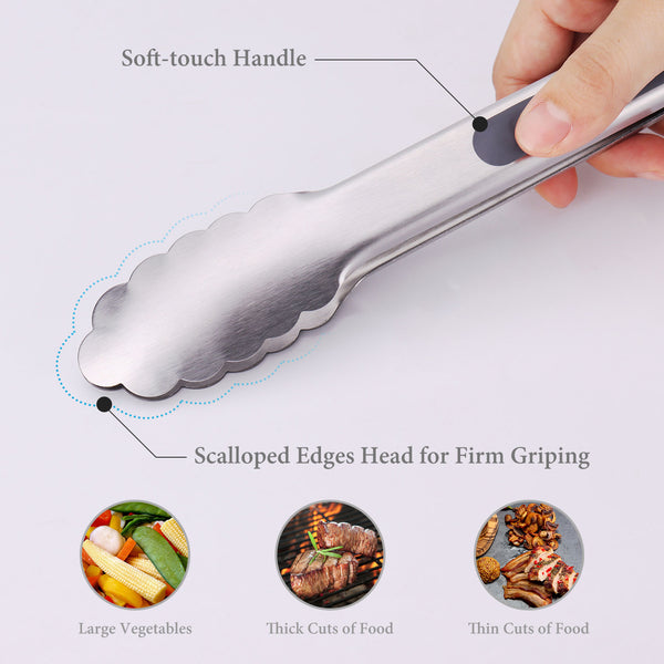 One Handed Tongs For Cooking With Scalloped Edges Heads Grill BBQ Tongs